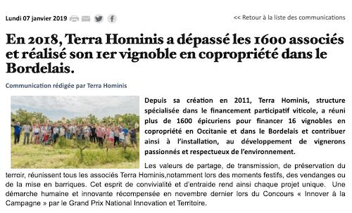 Terra Hominis, spécialiste du financement participatif viticole à l'honneur dans Vitisphère