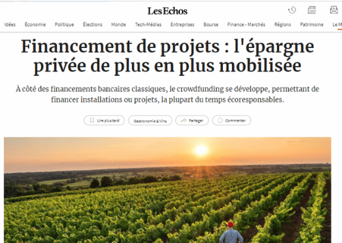 Page du quotidien Les Echos parlant du financement participatif dans le domaine viticole.